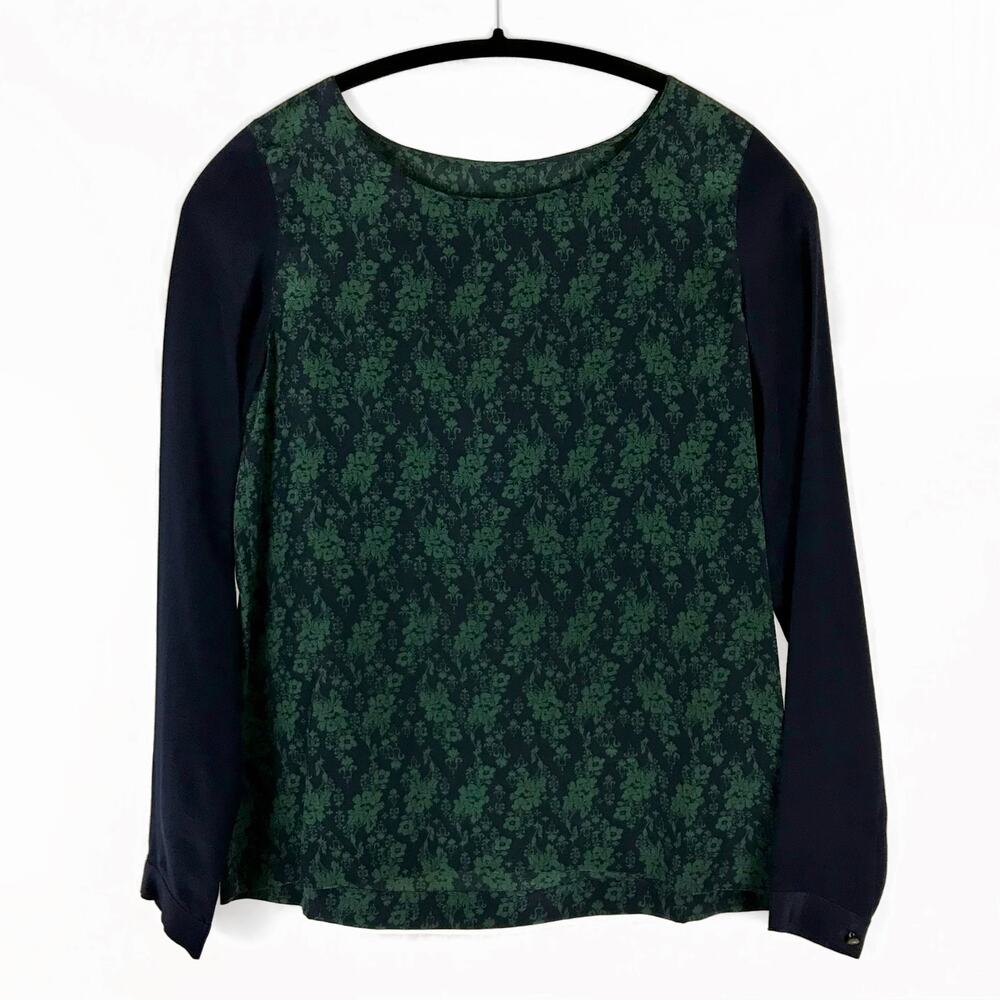 Club Monaco Pure Silk Boxy Floral Green Navy Long Sleeve Top Size XS ($119 MSRP)